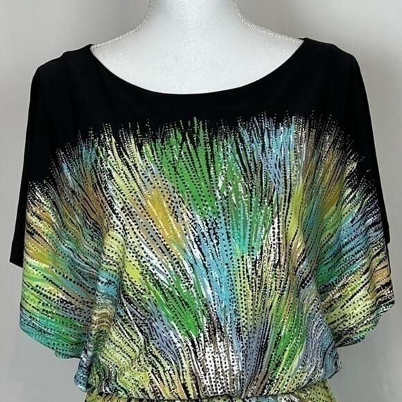 Maggy London Black W Bold Starburst Print Blouson Dress NWOT Size 6 - Picture 3 of 9
